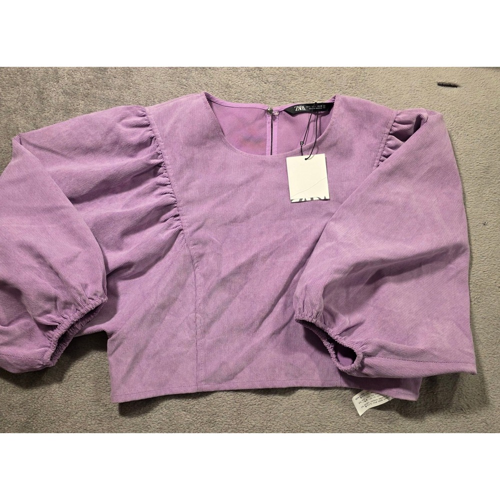 Zara Lilac Corduroy Puff Sleeve Crop Top Blouse Purple Large 8576/910/629 NEW